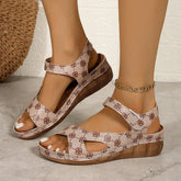 Plateau-Sandalen mit Blumenmuster und Klettverschluss, Keilabsatz, offene Zehenpartie, Strand-Hausschuhe